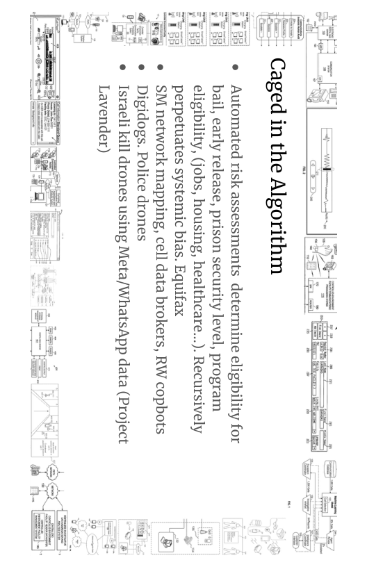 Automated risk assessments determine eligibility for  bail, early release, prison security level, program  eligibility, (jobs, housing, healthcare...). Recursively 5 perpetuates systemic bias. Equifax 1  SM network mapping, cell data brokers, RW copbots £ Digidogs. Police drones T Israeli kill drones using Meta/WhatsApp data (Project i 21  Lavender)  